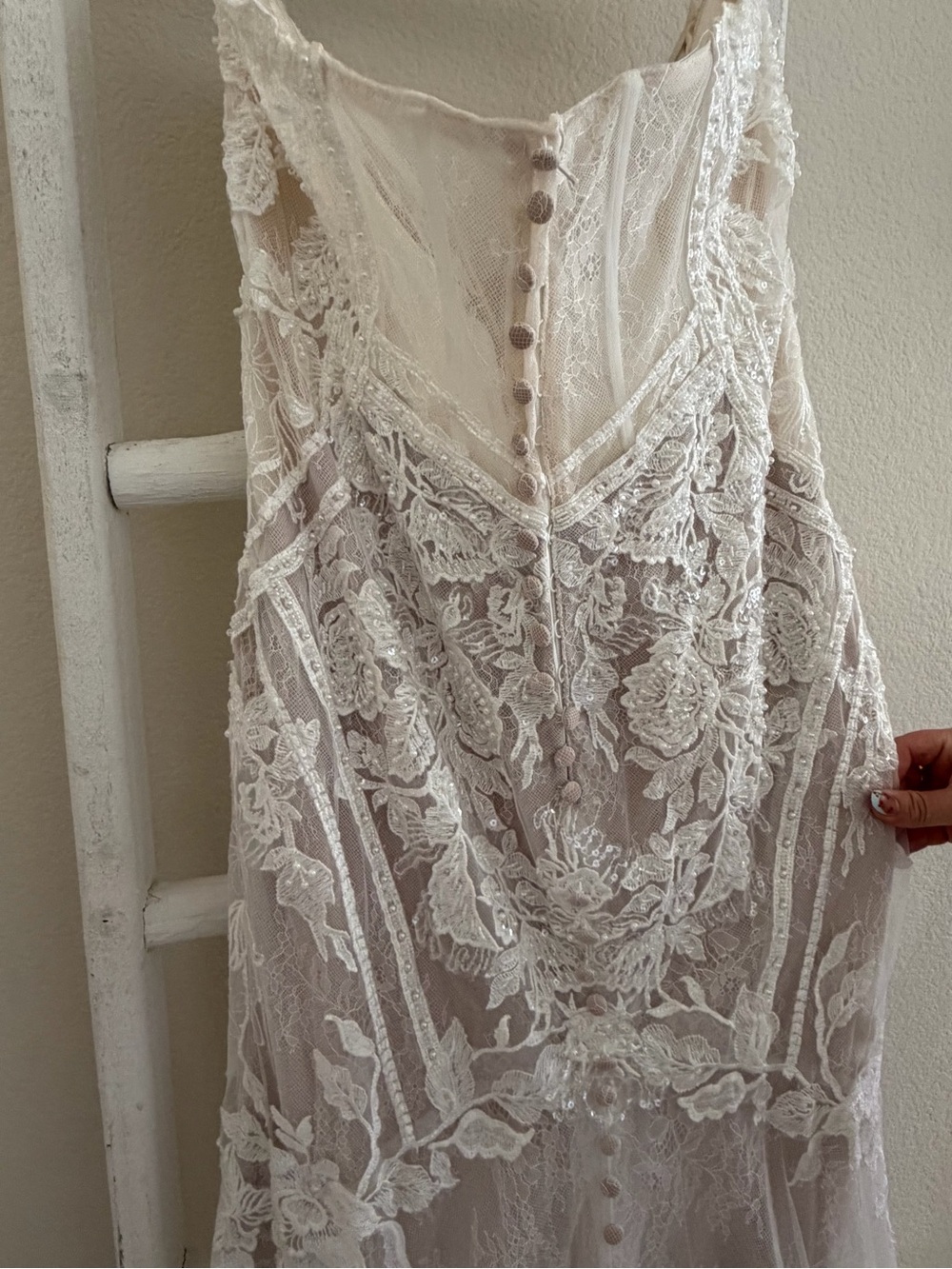 Off-the-Shoulder Lace Fit-and-Flare Wedding Gown - White - Picture 9 of 16